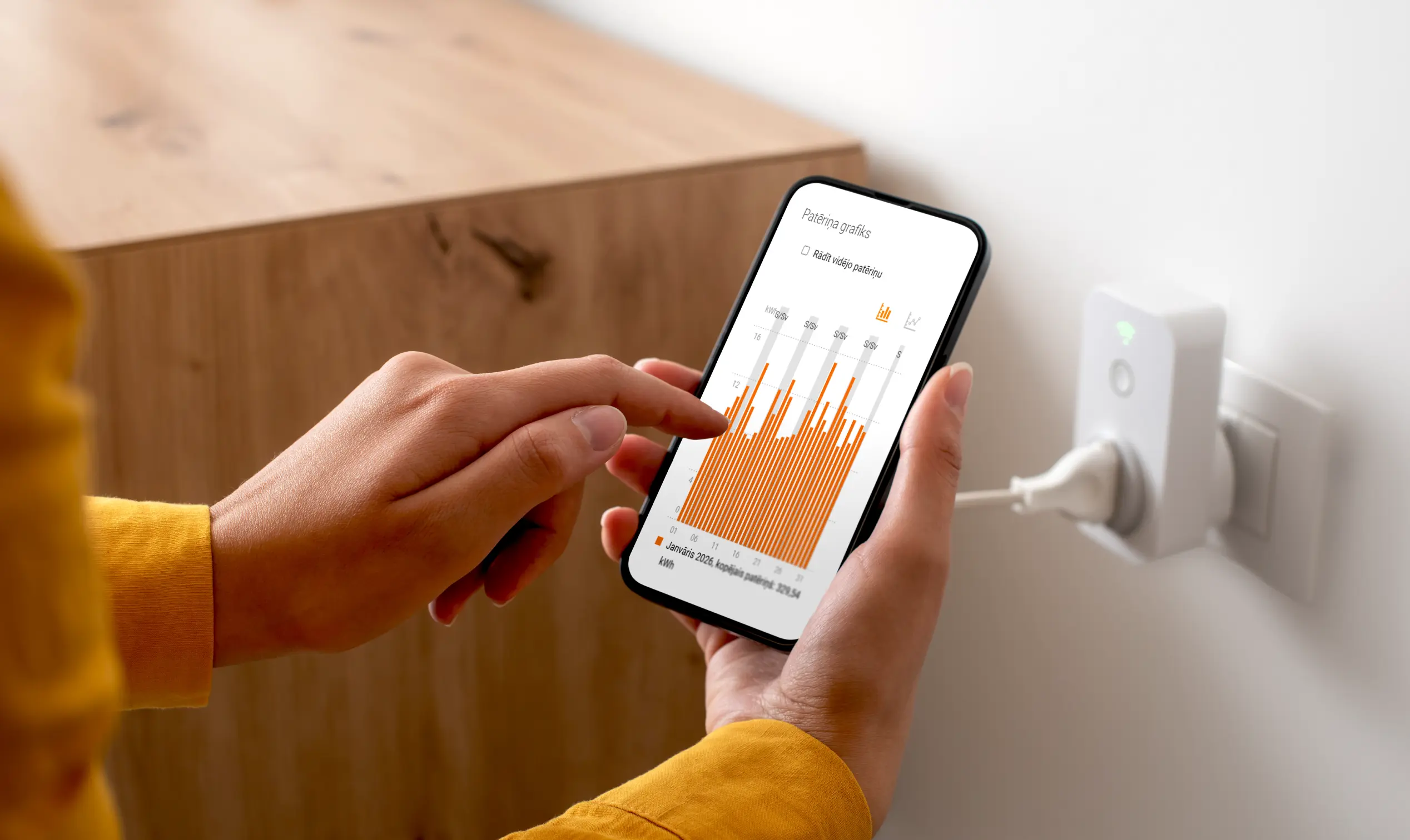 A mobile app screen showing a graph of an appliance’s electricity consumption from a smart plug.