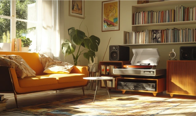 A modern apartment in a retro style with a sofa and a large record player; warm sunlight streams into the room through the window.