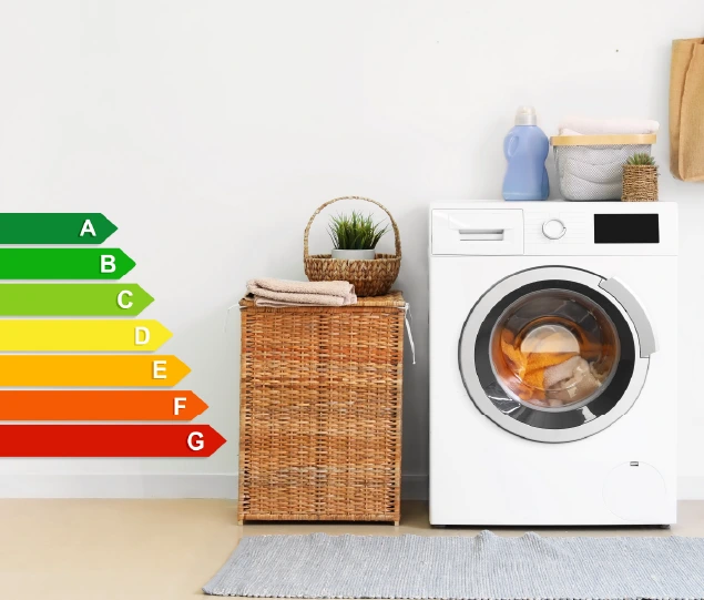 A washing machine with a laundry basket, alongside a visual showing an energy efficiency label scale.