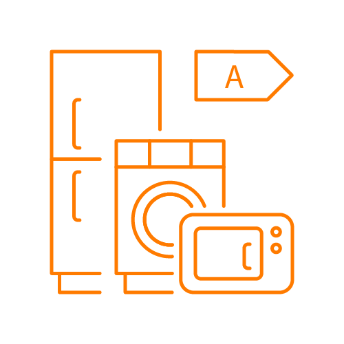 An icon of various electrical appliances with an energy rating scale.