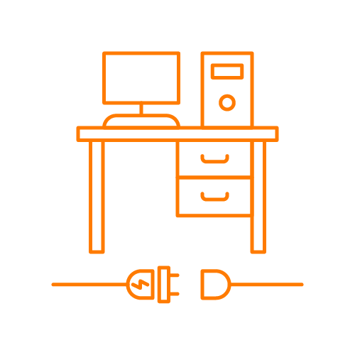 An icon of a desk with a computer on it and an unplugged power socket.